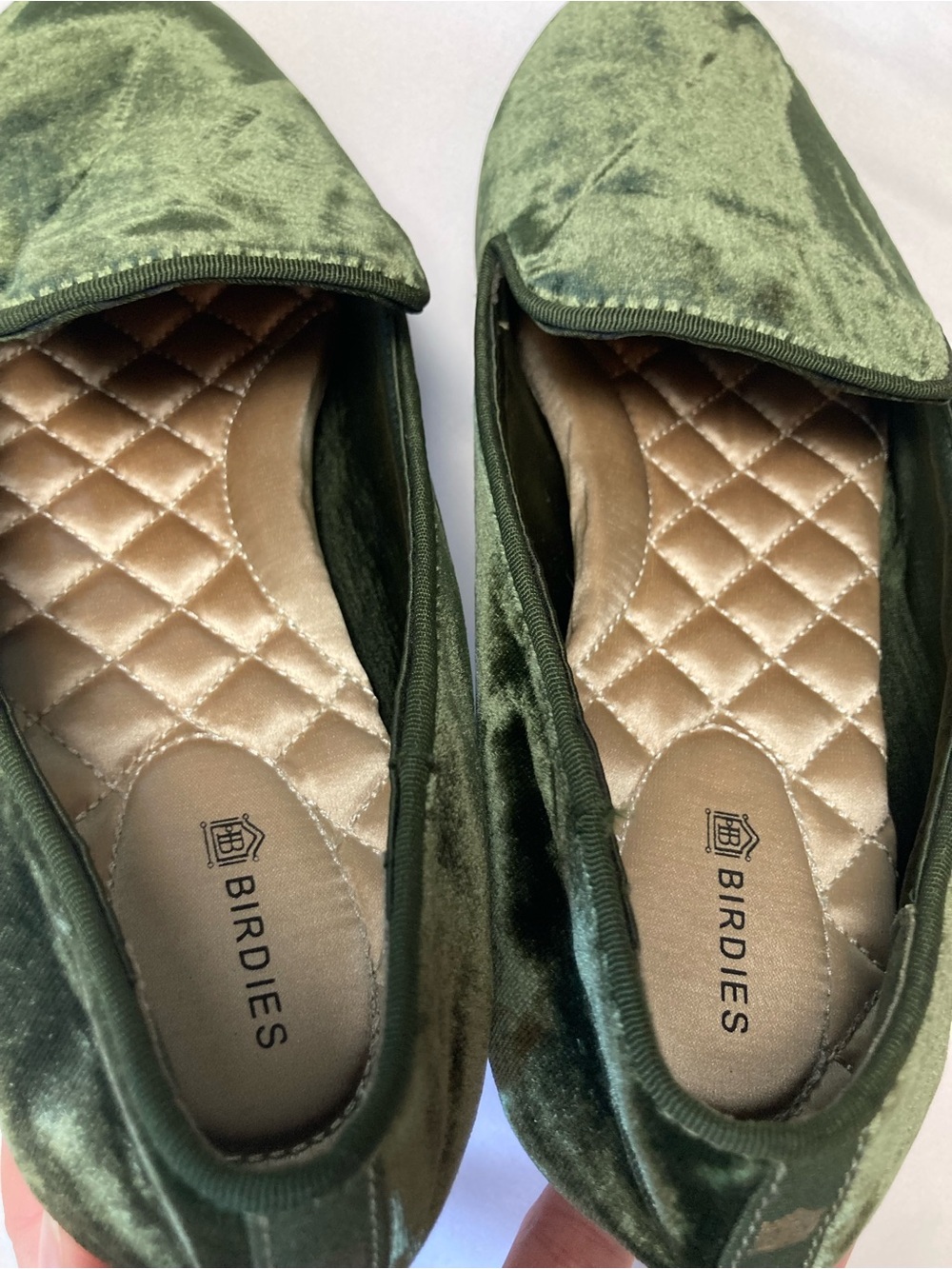 Birdies Olive Green Crushed Velvet Loafers Flats - Picture 2 of 6
